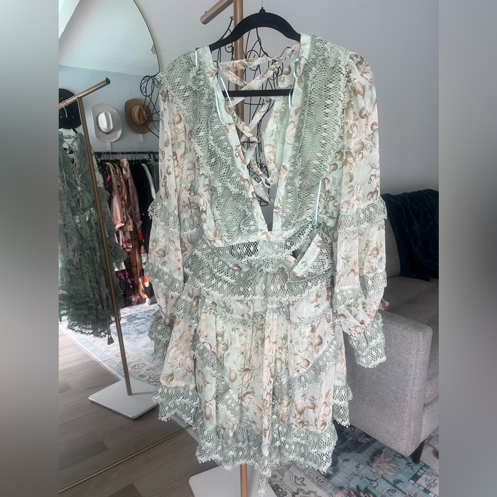 154. Lace Trim Sage Green Dress - 2X, 3X - Picture 3 of 6